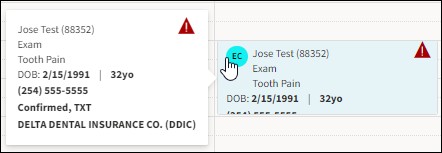 Schedule showing a patient with an Alert and the cursor hovering over it.